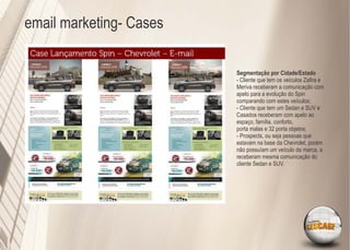 email marketing- Cases

                         Segmentação por Cidade/Estado
                         - Cliente que tem os veículos Zaﬁra e
                         Meriva receberam a comunicação com
                         apelo para a evolução do Spin
                         comparando com estes veículos;
                         - Cliente que tem um Sedan e SUV e
                         Casados receberam com apelo ao
                         espaço, família, conforto,
                         porta malas e 32 porta objetos;
                         - Prospects, ou seja pessoas que
                         estavam na base da Chevrolet, porém
                         não possuíam um veículo da marca, a
                         receberam mesma comunicação do
                         cliente Sedan e SUV.
 