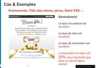 Cas & Exemples
  Evénements: Fête des mères, pères, Saint XXX …
                                Généralement:

                                Le taux d’ouverture est
                                excellent,

                                Le taux de clics est
                                excellent,

                                Le taux de conversion est
                                excellent,

                                La transaction en ligne est
                                33% plus importante que
                                dans un cas de figure
             107
                                normal.
 