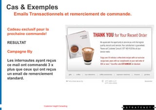 Cas & Exemples
   Emails Transactionnels et remerciement de commande.


Cadeau exclusif pour la
prochaine commande!

RESULTAT

Campagne Illy

Les internautes ayant reçus
ce mail ont commandé 3 x
plus que ceux qui ont reçus
un email de remerciement
standard.




                    Customer Insight Consulting
 