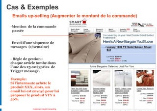 Cas & Exemples
  Emails up-selling (Augmenter le montant de la commande)

 -Mention de la commande
  passée


 -Envoi d’une séquence de
 messages (1/semaine)


 - Règle de gestion :
 chaque article tombe dans
 l’une des 25 catégories de
 Trigger message.

 Exemple:
 Si l’internaute achète le
 produit XXX, alors, un
 email lui est envoyé pour lui
 proposer le produit YYY à
 50%.

              Customer Insight Consulting
 