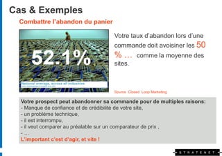 Cas & Exemples
 Combattre l’abandon du panier

                                    Votre taux d’abandon lors d’une
                                    commande doit avoisiner les 50
                                    %…         comme la moyenne des
                                    sites.



                                    Source Closed Loop Marketing

  Votre prospect peut abandonner sa commande pour de multiples raisons:
  - Manque de confiance et de crédibilité de votre site,
  - un problème technique,
                    Pourquoi s’y intéresser ?
  - il est interrompu,
  - il veut comparer au préalable sur un comparateur de prix ,
  -…
  L’important c’est d’agir, et vite !
 