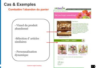 Cas & Exemples
 Combattre l’abandon du panier




     - Visuel du produit
     abandonné


     -Sélection d’ articles
     similaires


     - Personnalisation
     dynamique


                Customer Insight Consulting
 