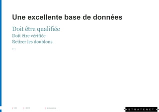 Une excellente base de données
Doit être qualifiée
Doit être vérifiée
Retirer les doublons
…




| 126   | 2010   | e-tourisme
 