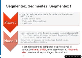 Segmentez, Segmentez, Segmentez !

           • Ce qu’on a demandé dans le formulaire d’inscription
             (déclaratif) :
             • Simple adresse e-mail
             • Profil socio-démographique
Phase I      • Préférences



           • Les réactions vis à vis de nos messages (comportemental) :
             • Taux d’ouverture et fréquence >> niveau d’appétence/fidélisation
             • Taux de clic >> centres d’intérêt

Phase II   • Conversion >> passages sur le site, type d’achat, valeur
             moyenne, abandon de panier…

              Il est nécessaire de compléter les profils avec le
              temps au niveau e-Mail, mais également au niveau du
              site: questionnaires, sondages, évaluations …
               46
 