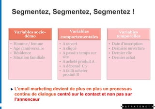 Segmentez, Segmentez, Segmentez !

    Variables socio-         Variables                   Variables
         démo             comportementales              temporelles
•   Homme / femme         • A ouvert              •   Date d’inscription
•   Age /anniversaire     • A cliqué              •   Dernière ouverture
•   Résidence             • A passé x temps sur   •   Dernier clic
•   Situation familiale     site                  •   Dernier achat
                          • A acheté produit A
                          • A dépensé € y
                          • A failli acheter
                            produit B


    L’email marketing devient de plus en plus un processus
    continu de dialogue centré sur le contact et non pas sur
    l’annonceur
 