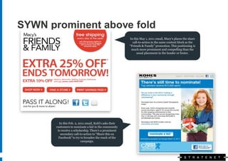 SYWN prominent above fold
                                                         In this May 1, 2011 email, Macy’s places the share
                                                           call-to-action in the same content block as the
                                                         “Friends & Family” promotion. This positioning is
                                                          much more prominent and compelling than the
                                                              usual placement in the header or footer.




         In this Feb. 2, 2011 email, Kohl’s asks their
       customers to nominate a kid in the community
        to receive a scholarship. There’s a prominent
          secondary call-to-action to “Share this on
         Facebook” to try to broaden the reach of the
                          campaign.
 