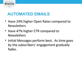 AUTOMATED EMAILS 
• Have 24% higher Open Rates compared to 
Newsletters 
• Have 47% higher CTR compared to 
Newsletters 
• Initial Messages perform best. As time goes 
by the subscribers’ engagement gradually 
fades. 
 