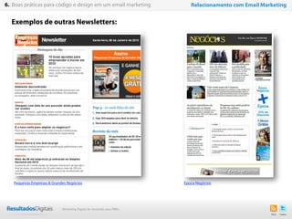 Exemplos de outras Newsletters:
Pequenas Empresas & Grandes Negócios Época Negócios
40
6. Boas práticas para código e design em um email marketing Relacionamento com Email Marketing
Marketing Digital de resultado para PMEs
 