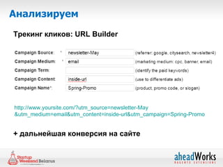 Анализируем
Трекинг кликов: URL Builder




h
http://www.yoursite.com/?utm_source=newsletter-May
&utm_medium=email&utm_content=inside-url&utm_campaign=Spring-Promo


+ дальнейшая конверсия на сайте
 
