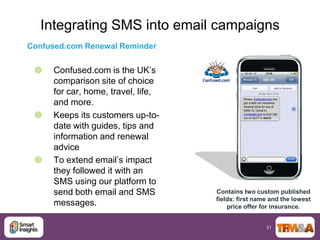 Integrating SMS into email campaigns
Confused.com Renewal Reminder


    Confused.com is the UK‟s
     comparison site of choice
     for car, home, travel, life,
     and more.
    Keeps its customers up-to-
     date with guides, tips and
     information and renewal
     advice
    To extend email‟s impact
     they followed it with an
     SMS using our platform to
     send both email and SMS        Contains two custom published
                                    fields: first name and the lowest
     messages.                          price offer for insurance.


                                                     31
 