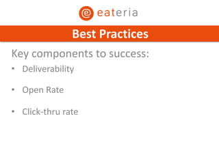 Key components to success:
• Deliverability
• Open Rate
• Click-thru rate
Best Practices
 