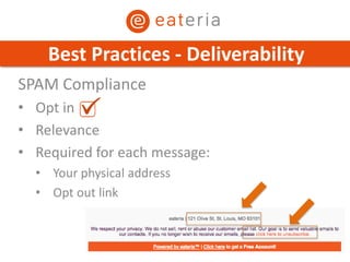 SPAM Compliance
• Opt in
• Relevance
• Required for each message:
• Your physical address
• Opt out link
Best Practices - Deliverability
 