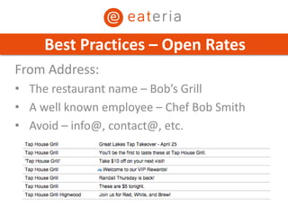 From Address:
• The restaurant name – Bob’s Grill
• A well known employee – Chef Bob Smith
• Avoid – info@, contact@, etc.
Best Practices – Open Rates
 