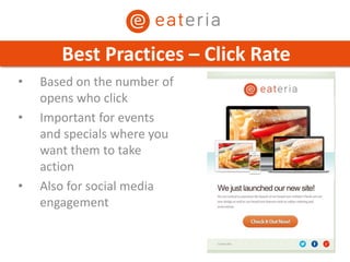 • Based on the number of
opens who click
• Important for events
and specials where you
want them to take
action
• Also for social media
engagement
Best Practices – Click Rate
 