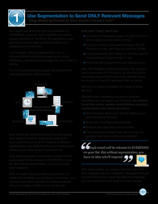 1                Use Segmentation to Send ONLY Relevant Messages
                     “Stop Blasting Emails to Your Entire Contact List!”

As a legitimate email marketer (as opposed to a                             With each “blast” you’ll get:
SPAMMER), you know how important permission-                                 • A handful of interested people who like Product A
based marketing is. You know it’s imperative to get                            and are glad you sent them an email
permission before freely sending emails to your
                                                                             • A group of people who want nothing to do with
prospects and customers.
                                                                               Product A, or you, and flag your email as SPAM
Unfortunately, without segmentation, you’re                                  • A few people who like Product A, but they want it
still committing one of the greatest sins in email                             in blue and you’re promoting it in red
marketing…sending people emails they don’t want to
                                                                             • A growing list of people who lost interest in you
receive.
                                                                            Now, let’s imagine a different scenario. You want to
For most small business owners, the typical email
                                                                            send a promotion for Product A. So you find all the
marketing process looks like this:
                                                                            customers and prospects who have recently shown
                                                                            an interest in Product A and send them an email.
                              Find a List
                                                                            We’ll let you guess the results of a targeted email
                                                                            like that!

                                                                            Effective email marketing requires you to know
                                                                Import It   everything you can about your contacts. You should
       Wait
                                                                            know their name, gender, email address, location,
                          Typical Email
                                                                            marital status and career, as well as:
                        Marketing Process
                                                                             • Their interests, particularly as they relate to your
                                                                               products and/or services
   Send One                                               Draft Emails       • When and what they last purchased
                                                                             • Whether they open and click on emails
                                                                             • Their behaviors (wouldn’t you like to know if a
Now before you discount yourself from this group,
                                                                               prospect had been visiting your website?)
think about it carefully. Imagine you wanted to




                                                                            “
send a promotional email for Product A. Without
segmentation, you draft the email and send it out to
everyone you have contact information for.

Stop blasting emails to your entire contact list! No
                                                                                                                       “
                                                                             No single email will be relevant to EVERYONE
                                                                             on your list. But without segmentation, you
                                                                             have no idea who’ll respond.
single email will be relevant to EVERYONE on your
list. But without segmentation, you have no idea
who’ll respond.
                                                                            With these details, you always have the chance to
And, no matter how great your promotion is, no                              send targeted, relevant messages. Messages that get
matter how fantastic your product or service is…you                         results! That is what makes the difference between
will only ever reach a handful of interested people.                        you and millions of other small business owners.
And you’ll irritate or start to drive off the rest.

3 Techniques That Will Actually Make a Difference In Your Email Marketing                       © 2010 Infusionsoft. All rights reserved.   3
 