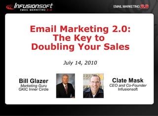 Email Marketing 2.0: The Key to  Doubling Your Sales July 14, 2010 ,[object Object],Clate Mask CEO and Co-Founder Infusionsoft 