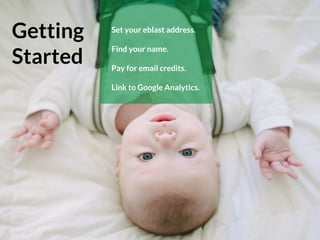 Getting
Started
Set your eblast address.
Find your name.
Pay for email credits.
Link to Google Analytics.
 