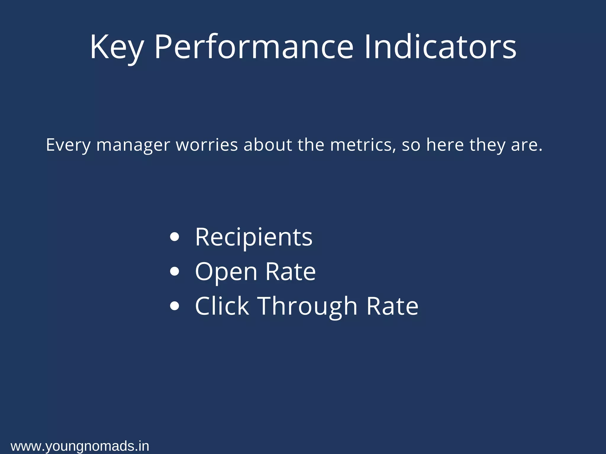 Key Performance Indicators
Every manager worries about the metrics, so here they are.
Recipients
Open Rate
Click Through Rate
www.youngnomads.in
 