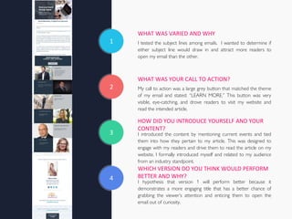 1
2
3
4
WHAT WAS VARIED AND WHY
WHAT WAS YOUR CALL TO ACTION?
My call to action was a large grey button that matched the theme
of my email and stated: “LEARN MORE.” This button was very
visible, eye-catching, and drove readers to visit my website and
read the intended article.
HOW DID YOU INTRODUCE YOURSELF AND YOUR
CONTENT?
I introduced the content by mentioning current events and tied
them into how they pertain to my article. This was designed to
engage with my readers and drive them to read the article on my
website. I formally introduced myself and related to my audience
from an industry standpoint.
WHICH VERSION DO YOU THINK WOULD PERFORM
BETTER AND WHY?
I hypothesis that version 1 will perform better because it
demonstrates a more engaging title that has a better chance of
grabbing the viewer’s attention and enticing them to open the
email out of curiosity.
I tested the subject lines among emails. I wanted to determine if
either subject line would draw in and attract more readers to
open my email than the other.
 