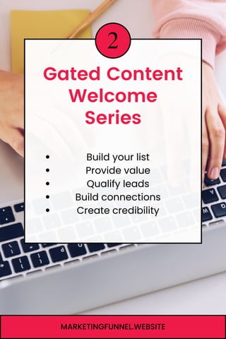 2
Gated Content
Welcome
Series
MARKETINGFUNNEL.WEBSITE
Build your list
Provide value
Qualify leads
Build connections
Create credibility
 