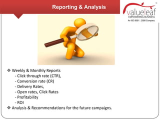 Reporting & Analysis




 Weekly & Monthly Reports
   - Click through rate (CTR),
   - Conversion rate (CR)
   - Delivery Rates,
   - Open rates, Click Rates
   - Profitability
   - ROI
 Analysis & Recommendations for the future campaigns.
 