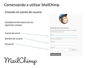 Comenzando a utilizar MailChimp
Creando mi cuenta de usuario
Completa el formulario con los
siguientes campos:

Cuenta de email
Nombre de usuario
Password

 