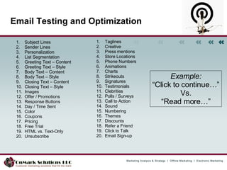 Email Testing and Optimization Subject Lines Sender Lines Personalization List Segmentation Greeting Text – Content Greeting Text – Style Body Text – Content Body Text – Style Closing Text – Content Closing Text – Style Images Offer / Promotions Response Buttons Day / Time Sent Color Coupons Pricing Free Trial HTML vs. Text-Only Unsubscribe Taglines Creative Press mentions Store Locations Phone Numbers Animations Charts Strikeouts Signatures Testimonials Clebrities Polls / Surveys Call to Action  Sound Numbering Themes Discounts Refer a Friend Click to Talk Email Sign-up Example: “ Click to continue…” Vs. “ Read more…” 