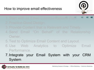 How to improve email effectiveness Start with an Email Communications Plan.  Practice Good Design.  Provide Content that is Relevant and Timely.  Send Email “On Behalf” of the Relationship Owner.  Test to Optimize Email Content and Layout.  Use Web Analytics to Optimize Email Performance.  Integrate your Email System with your CRM System .  
