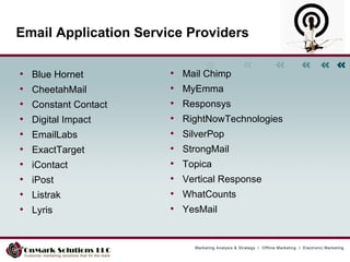 Email Application Service Providers Blue Hornet CheetahMail Constant Contact Digital Impact EmailLabs ExactTarget iContact iPost Listrak Lyris Mail Chimp MyEmma Responsys RightNowTechnologies SilverPop StrongMail Topica Vertical Response WhatCounts YesMail 