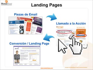 Landing Pages

  Piezas de Email

                                         Llamado a la Acción




Conversión / Landing Page




                                              Copyright © 2010 MasterBase®. Todos los derechos reservados
                    www.masterbase.com
 