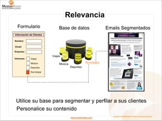Relevancia
  Formulario                   Base de datos                     Emails Segmentados
Información de Clientes

Nombre:

Email:

Empresa:

                          Viajes
Intereses:   Viajes

             Música                                 Tecnología
                               Música
             Deportes                   Deportes
             Tecnología




 Utilice su base para segmentar y perfilar a sus clientes
 Personalice su contenido
                                                                    Copyright © 2010 MasterBase®. Todos los derechos reservados
                                        www.masterbase.com
 
