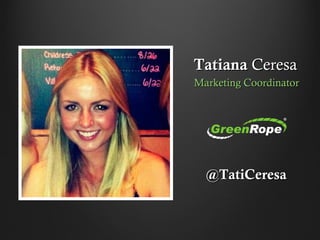 TatianaTatiana CeresaCeresa
Marketing CoordinatorMarketing Coordinator
@TatiCeresa@TatiCeresa
 
