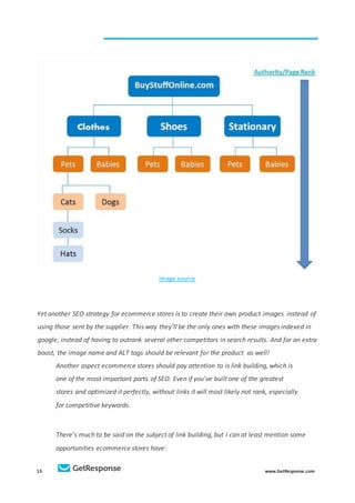 13 www.GetResponse.com
Image source
Yet another SEO strategy for ecommerce stores is to create their own product images instead of
using those sent by the supplier. This way they’ll be the only ones with these images indexed in
google, instead of having to outrank several other competitors in search results. And for an extra
boost, the image name and ALT tags should be relevant for the product as well!
Another aspect ecommerce stores should pay attention to is link building, which is
one of the most important parts of SEO. Even if you've built one of the greatest
stores and optimized it perfectly, without links it will most likely not rank, especially
for competitive keywords.
There’s much to be said on the subject of link building, but I can at least mention some
opportunities ecommerce stores have:
 