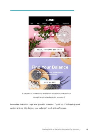 Complete Guide to Marketing Automation for Ecommerce 30
A fragmentof a newslettersentbyLushintroducingnew products
through benefits (and possible segments)
Remember that at this stage what you offer is content. Create lots of different types of
content and use it to discover your audience’s needs and preferences.
 