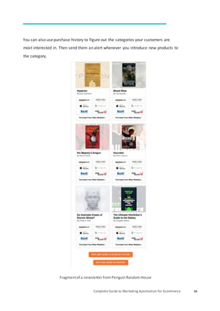 Complete Guide to Marketing Automation for Ecommerce 34
You can also use purchase history to figure out the categories your customers are
most interested in. Then send them an alert whenever you introduce new products to
the category.
Fragmentof a newsletterfromPenguinRandomHouse
 