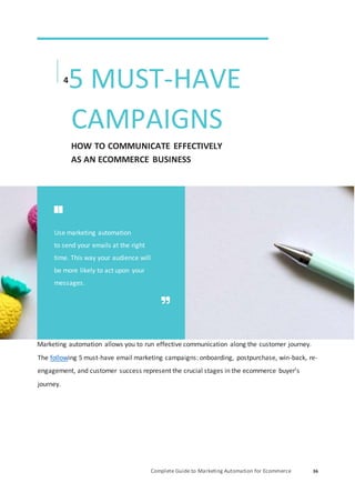 Complete Guide to Marketing Automation for Ecommerce 36
4
5 MUST-HAVE
CAMPAIGNS
HOW TO COMMUNICATE EFFECTIVELY
AS AN ECOMMERCE BUSINESS
Marketing automation allows you to run effective communication along the customer journey.
The following 5 must-have email marketing campaigns: onboarding, postpurchase, win-back, re-
engagement, and customer success represent the crucial stages in the ecommerce buyer’s
journey.
Use marketing automation
to send your emails at the right
time. This way your audience will
be more likely to act upon your
messages.
 