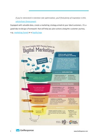 7 www.GetResponse.com
If you’re interested in retention rate optimization, you’ll find plenty of inspiration in this
article from Omniconvert.
Equipped with valuable data, create a marketing strategy aimed at your ideal customers. It’s a
good idea to design a framework that will help you plan actions along the customer journey,
e.g., marketing funnel or a loyalty loop.
 