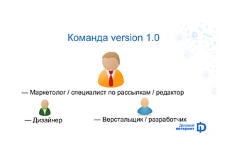 Команда version 1.0 
— Маркетолог / специалист по рассылкам / редактор 
— Верстальщик — Дизайнер / разработчик, 
 