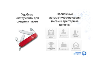 Удобные 
инструменты для 
создания писем 
Несложные 
автоматические серии 
писем и триггерные 
цепочки 
 