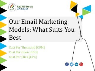 Our Email Marketing
Models: What Suits You
Best
Cost Per Thousand [CPM]
Cost Per Open [CPO]
Cost Per Click [CPC]
 
