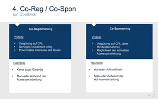 4. Co-Reg / Co-Spon
14
Co-Registrierung Co-Sponsoring
Vorteile
• Vergütung auf CPL
• Geringes Investment nötig
• Potenzielles Interesse des Users
Nachteile
• Keine Lead-Garantie
• Manueller Aufwand der
Adressverarbeitung
Vorteile
• Vergütung auf CPL (aber
Mindestabnahme)
• Möglichkeit der schnellen
Adressgenerierung
Nachteile
• Adresse nicht exklusiv
• Manueller Aufwand der
Adressverarbeitung
 