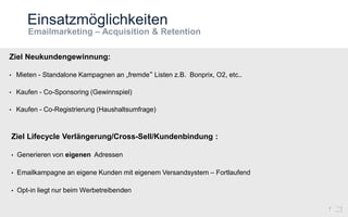 Einsatzmöglichkeiten
7
Ziel Neukundengewinnung:
• Mieten - Standalone Kampagnen an „fremde“ Listen z.B. Bonprix, O2, etc..
• Kaufen - Co-Sponsoring (Gewinnspiel)
• Kaufen - Co-Registrierung (Haushaltsumfrage)
Ziel Lifecycle Verlängerung/Cross-Sell/Kundenbindung :
• Generieren von eigenen Adressen
• Emailkampagne an eigene Kunden mit eigenem Versandsystem – Fortlaufend
• Opt-in liegt nur beim Werbetreibenden
 