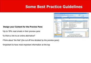 Some Best Practice Guidelines Design your Content for the Preview Pane  Up to 78% read emails in their preview pane  Is there a link to an online alternative? Think about ‘the fold’ (the cut off line dictated by the preview pane) Important to have most important information at the top 