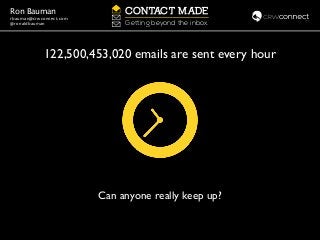 CONTACT MADE 
Getting beyond the inbox. 
Ron Bauman 
rbauman@crwconnect.com 
@ronaldbauman 
122,500,453,020 emails are sent every hour 
Can anyone really keep up? 
 