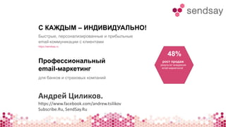 С КАЖДЫМ – ИНДИВИДУАЛЬНО! 
Быстрые, персонализированные и прибыльные 
email-коммуникации с клиентами 
https://sendsay.ru 
Профессиональный 
email-маркетинг 
для банков и страховых компаний 
48% 
рост продаж 
результат внедрения 
email-маркетинга! 
Андрей Циликов. 
https://www.facebook.com/andrew.tsilikov 
Subscribe.Ru, SendSay.Ru 
