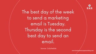 The best day of the week
to send a marketing
email is Tuesday.
Thursday is the second
best day to send an
email.
Source: CoSchedule
www.businessmanagementblog.com
 