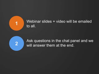 1

Webinar slides + video will be emailed
to all.

2

Ask questions in the chat panel and we
will answer them at the end.

 