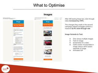 What to Optimise
Images
After A/B testing these two, click through
rates increased by 378%
The changes they made in the second
campaign helped Unhaggle achieve a
massive 32.4% click through rate.
Image Variants to Test:
● One versus multiple images
● Text on image
● Screenshot of a video
● Call to action incorporated in
image versus call to action
separate of image
● Animated GIF
 