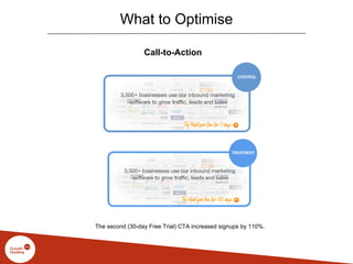 What to Optimise
Call-to-Action
The second (30-day Free Trial) CTA increased signups by 110%.
 