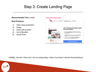 Step 3: Create Landing Page
Recommended Tool: Lander
Best Practices:
1) Clear value proposition
2) Image
3) Clear Call to action
4) List of Benefits
5) Social Proof
FUNNEL: See Ad > Click Link > Go to Landing Page > Enter Your Email > Get the Promised Bonus
 